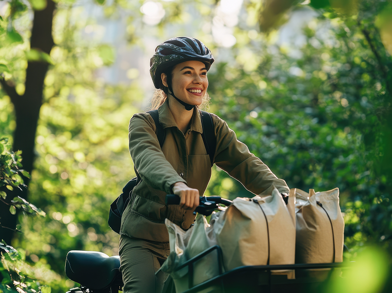 Women bicycle forest